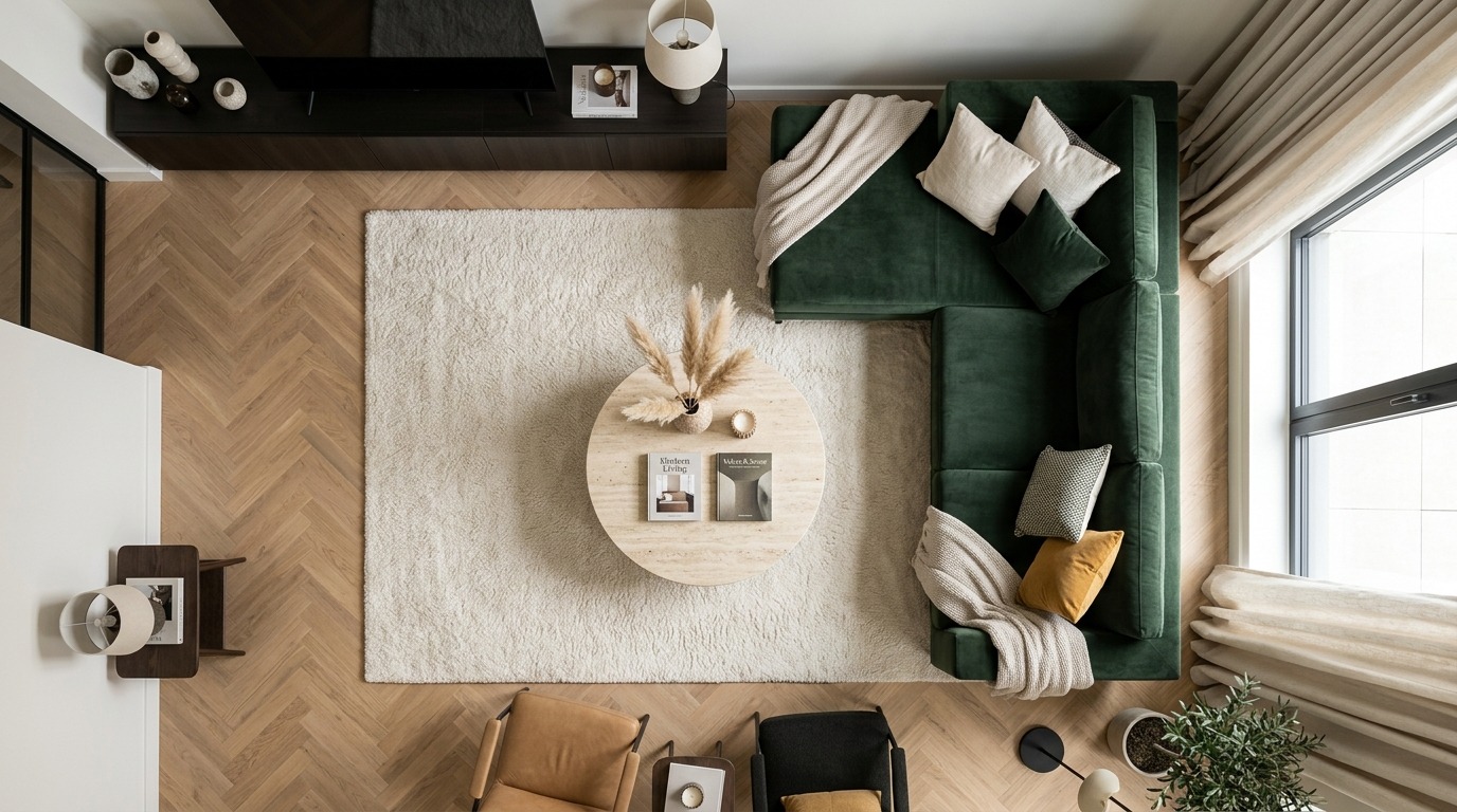 Narożnik Szymanek z dopasowanym dywanem, poduszkami i stolikiem kawowym — aranżacja salonu